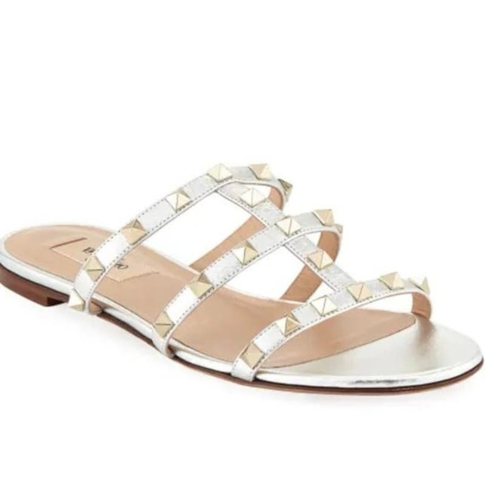 Valentino Garavani Rockstud Leather Flat Slide Sandals